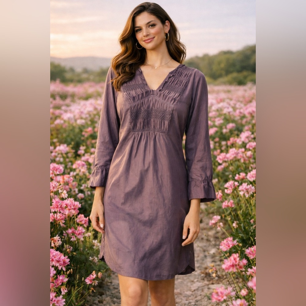 J Jill M Medium Purple Silk Cotton Smocked Dress Long Sleeve Washable